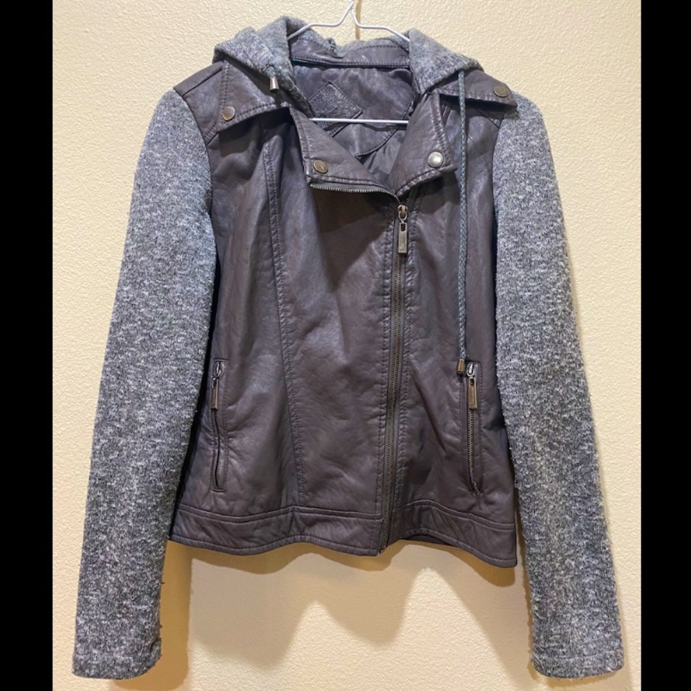 Knit Sleeve Faux-Leather Jacket